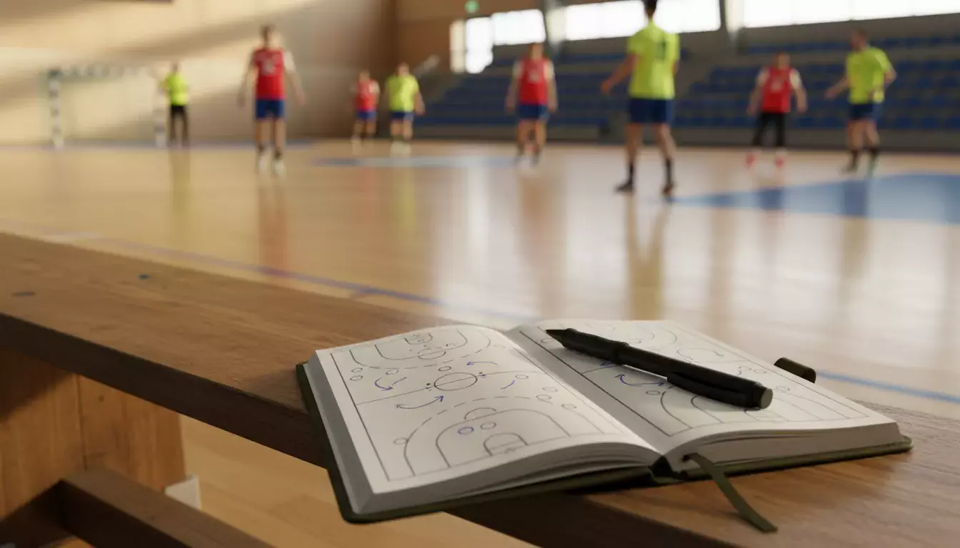 Bloc-notes avec analyse tactique de handball posé à côté d'un terrain de handball en arrière-plan