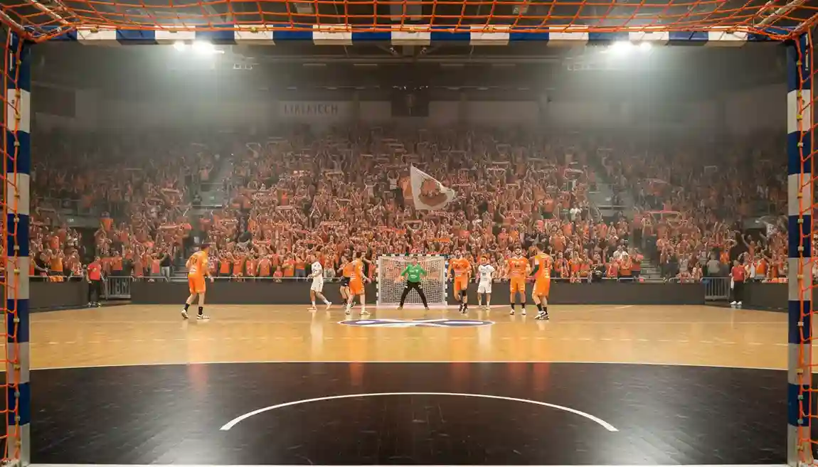Salle de handball comble avec supporters enthousiastes encourageant leur équipe à domicile