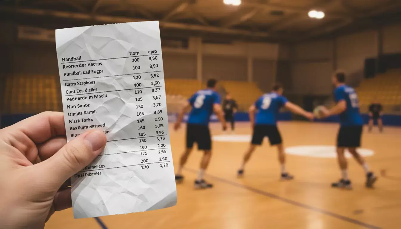 Main tenant un ticket de pari sportif devant un terrain de handball en arrière-plan
