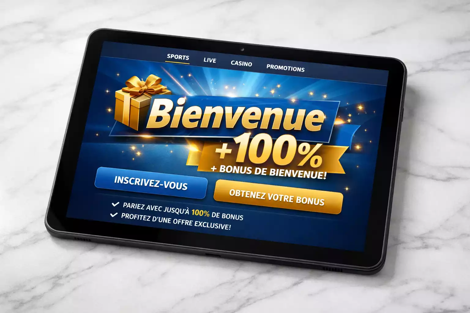 &Eacute;cran de bienvenue avec offre promotionnelle de bookmaker