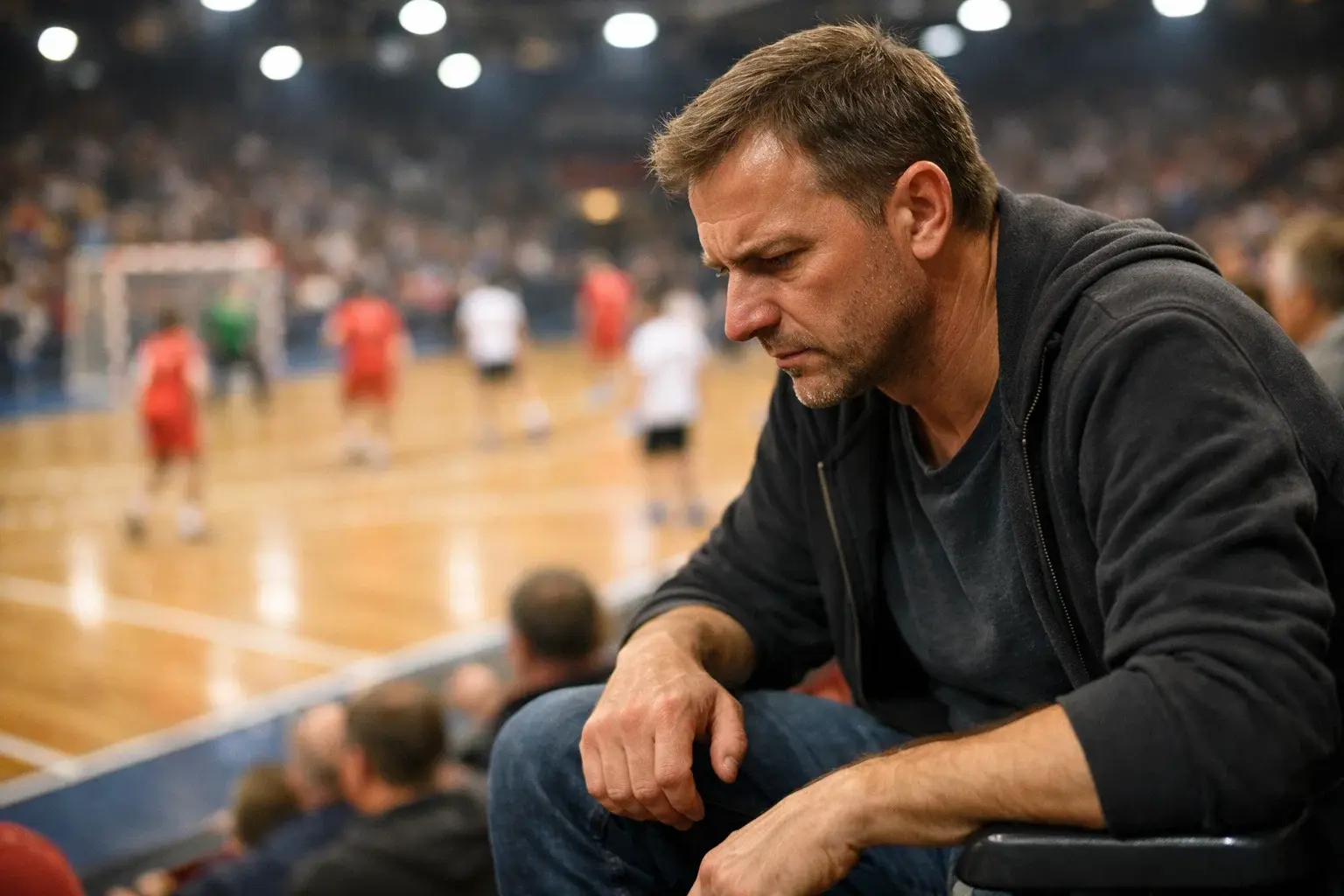 Spectateur de handball suivant un match tendu depuis les tribunes avec attention