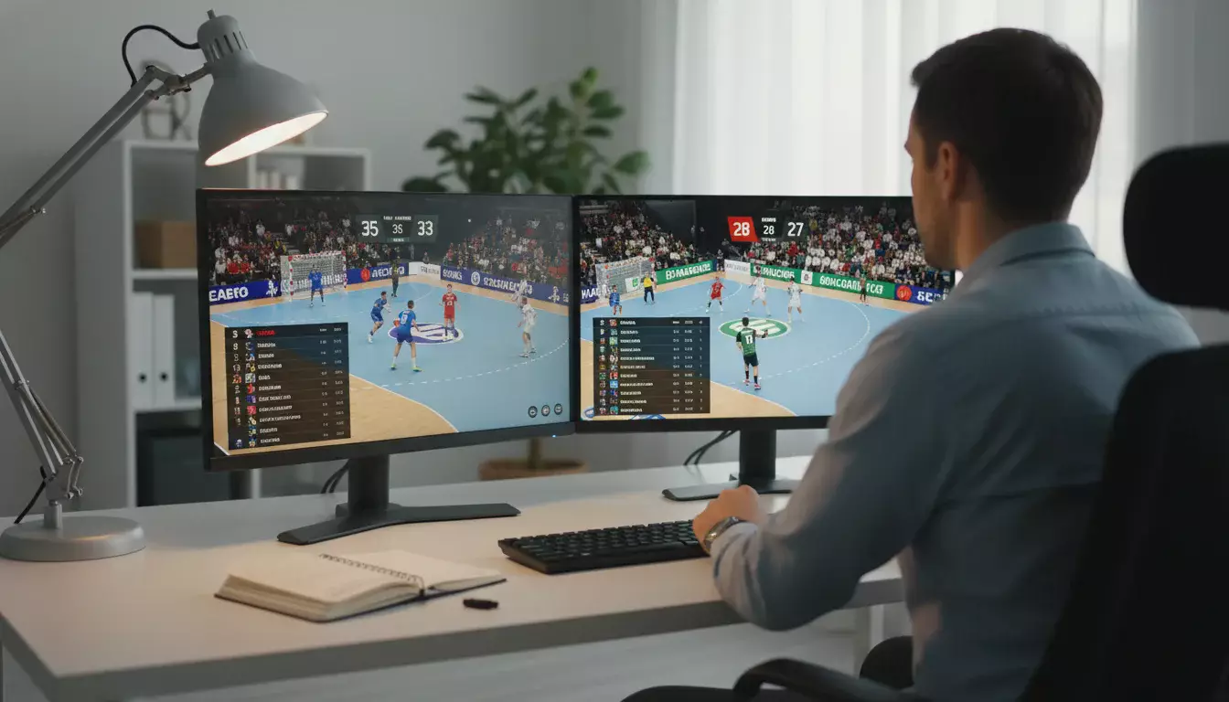Personne comparant des cotes de handball sur plusieurs écrans dans un bureau organisé