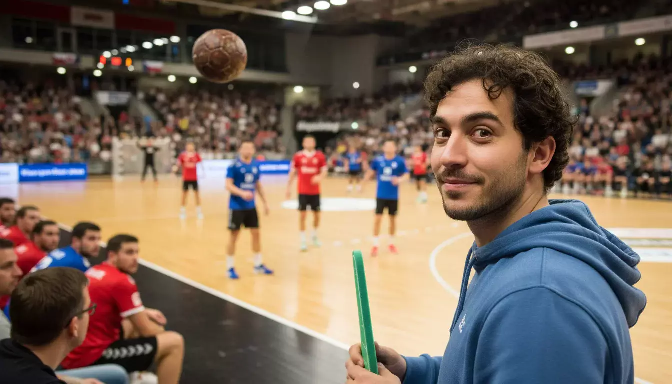 Spectateur découvrant un match de handball depuis les premiers rangs d'une salle animée