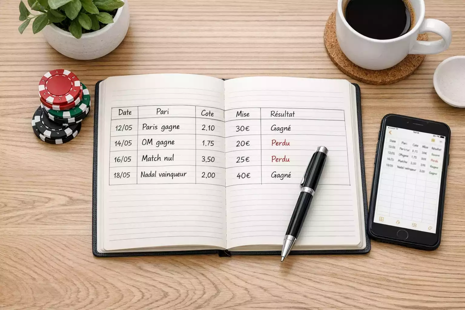 Carnet de notes ouvert avec stylo pour suivi des paris sportifs