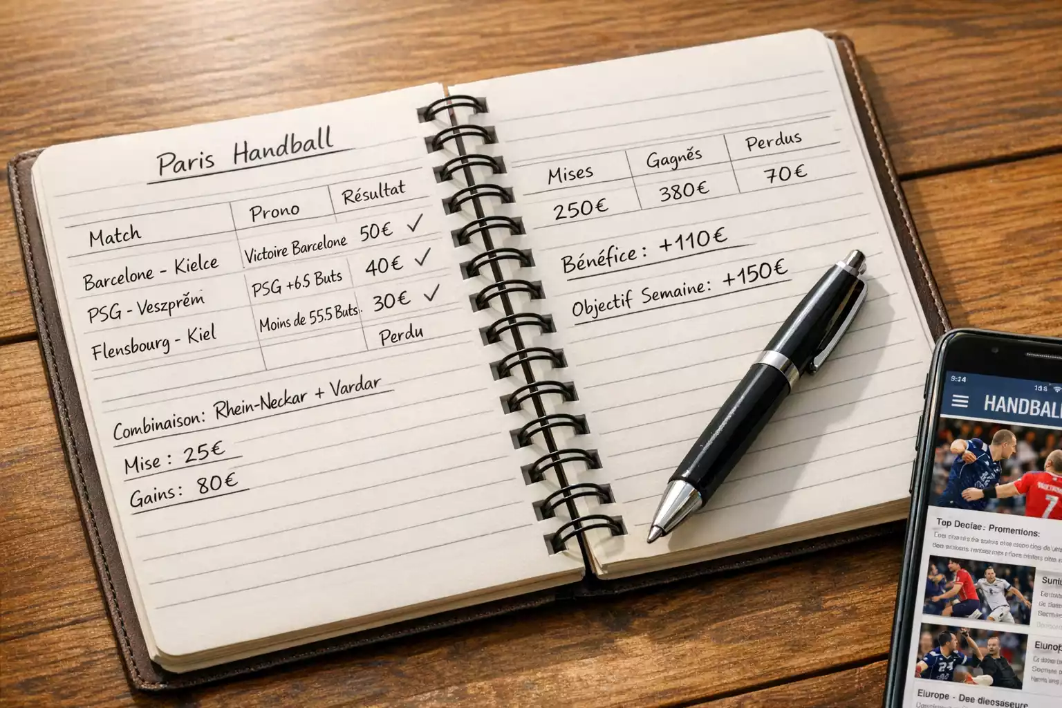 Carnet avec notes de paris et pronostics handball