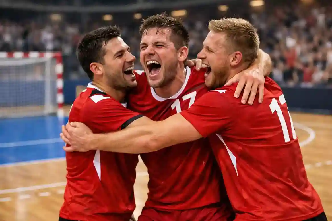 C&eacute;l&eacute;bration d'un but marqu&eacute; lors d'un match de handball