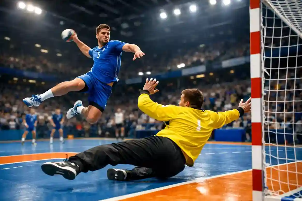 Match de handball professionnel en action avec joueurs en attaque