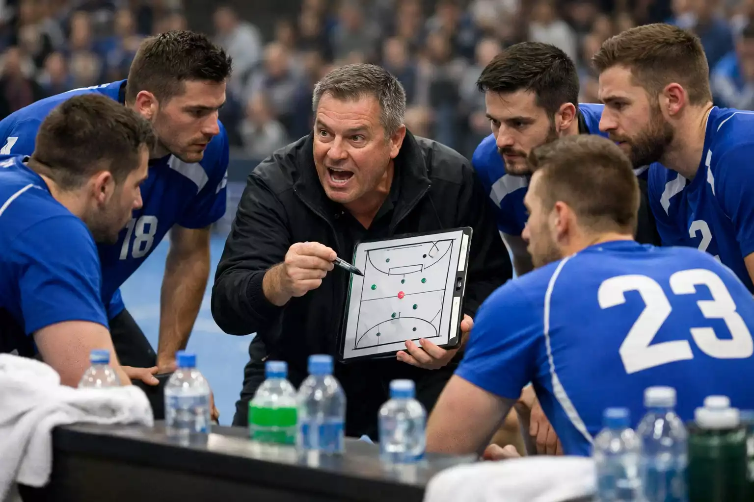 Temps mort pendant un match de handball avec &eacute;quipe regroup&eacute;e