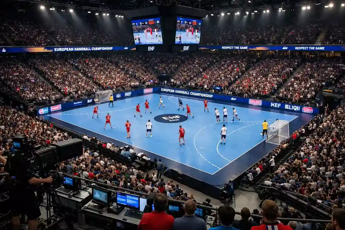 Vue d'ensemble de plusieurs terrains de handball en comp&eacute;tition