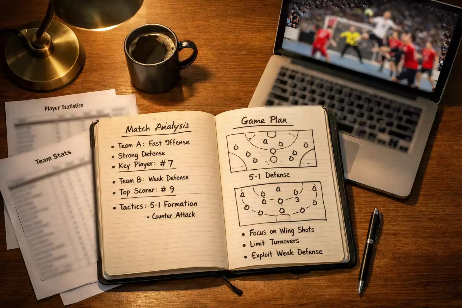 Analyse stratégique d'un match de handball avec notes et statistiques