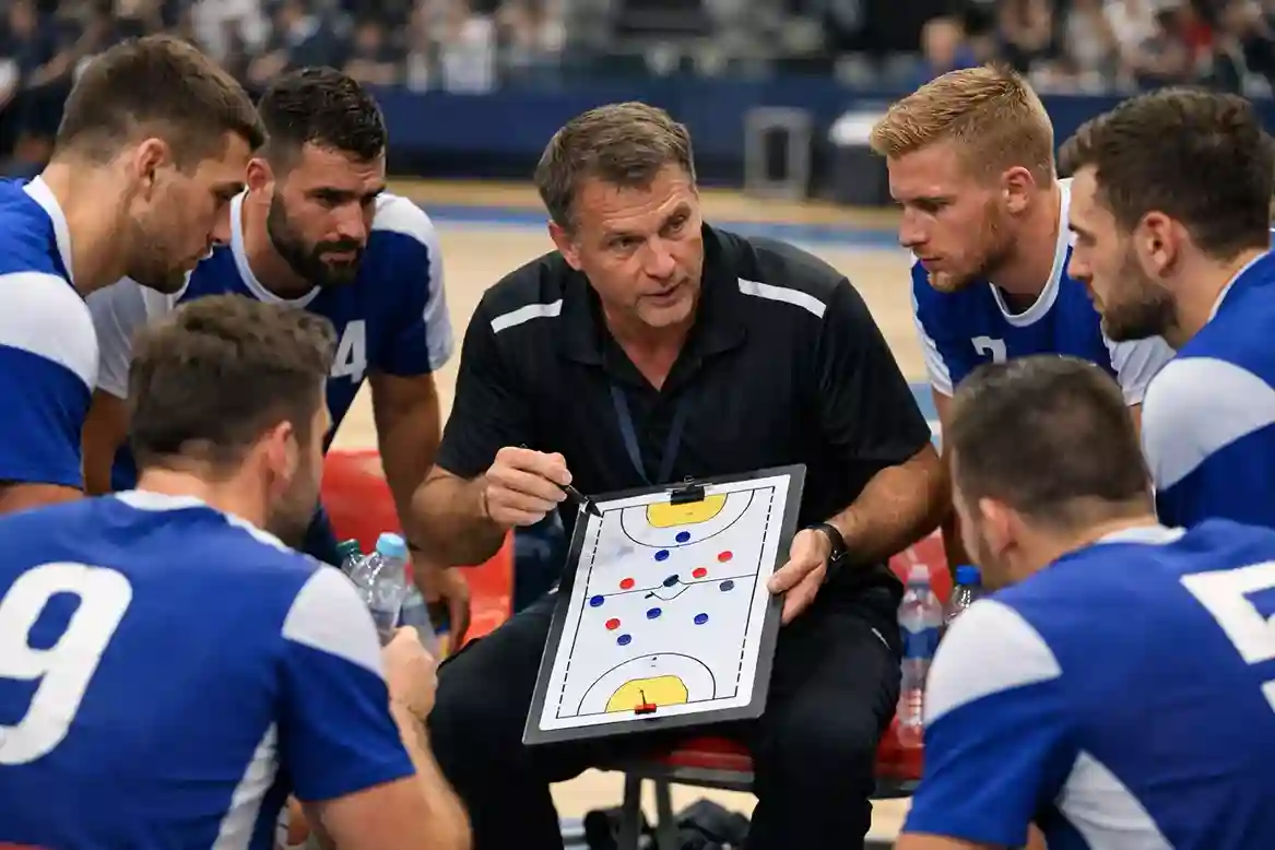 &Eacute;quipe de handball en discussion tactique avec l'entra&icirc;neur