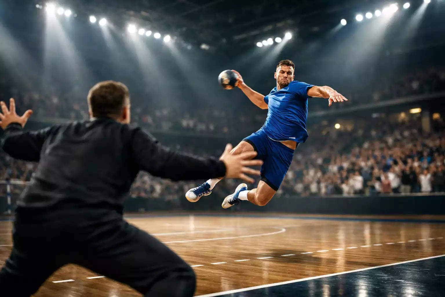 Match de handball professionnel avec supporters dans une salle moderne
