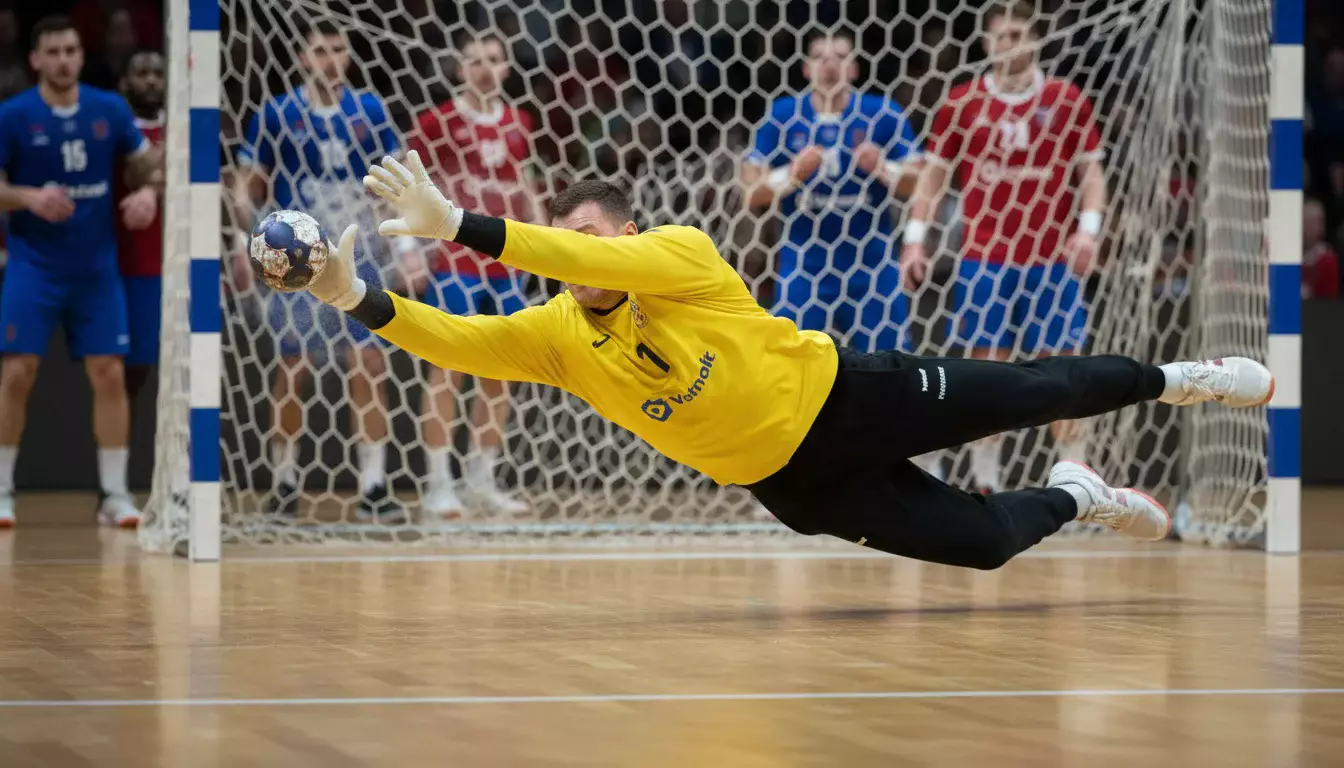 Gardien de handball en position d'arrêt face à un tir puissant dans une salle éclairée