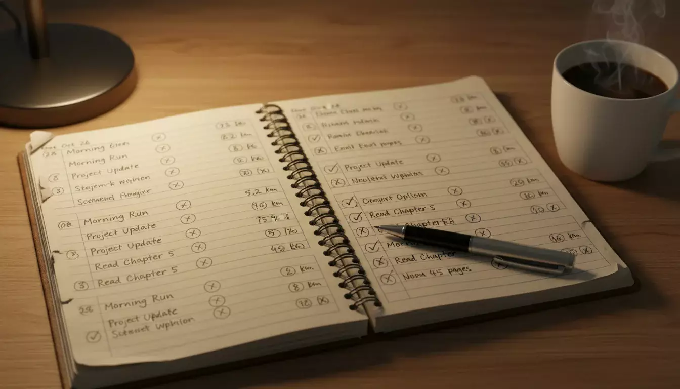 Journal de suivi ouvert sur un bureau avec lignes de paris notées à la main et stylo