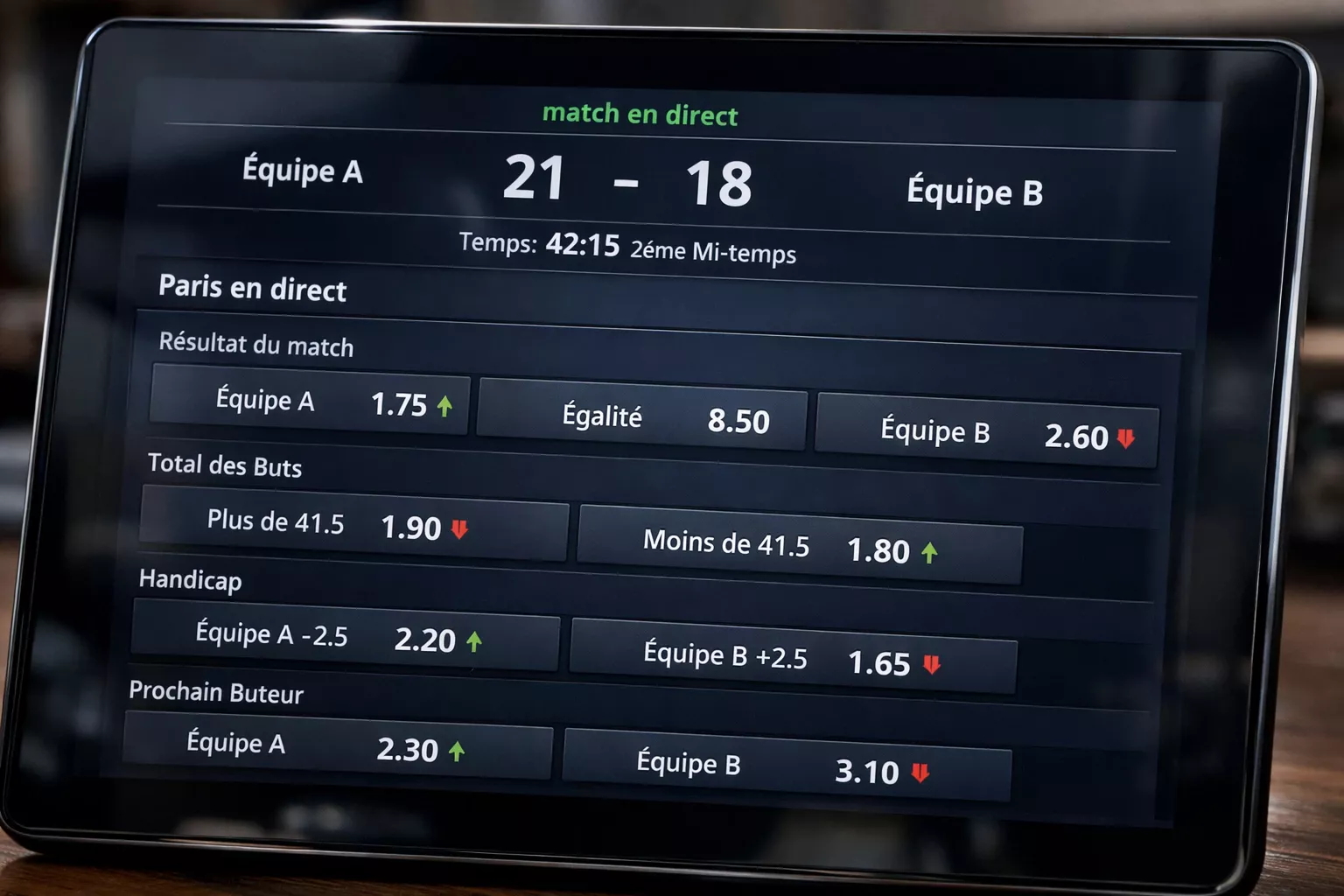 Interface de paris live avec cotes en temps r&eacute;el