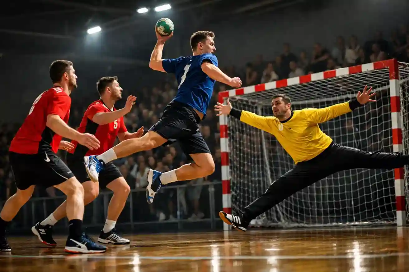 Joueurs de handball en action lors d'un match disputé en salle