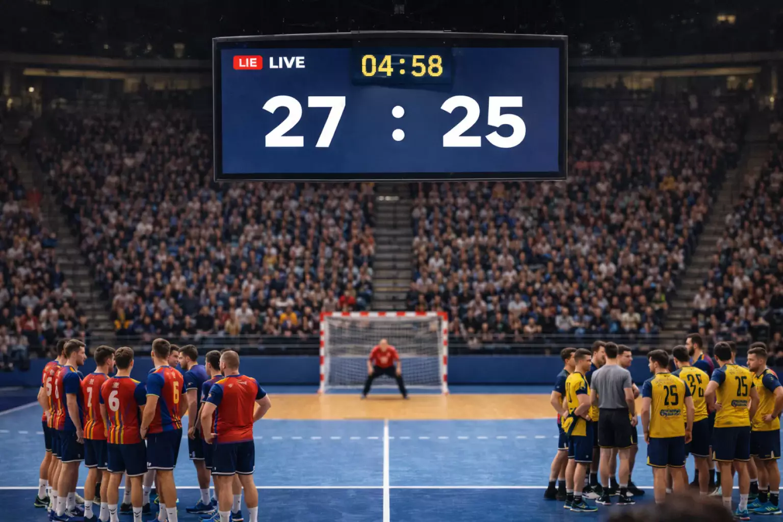 Tableau d'affichage d'un match de handball montrant un écart de score serré