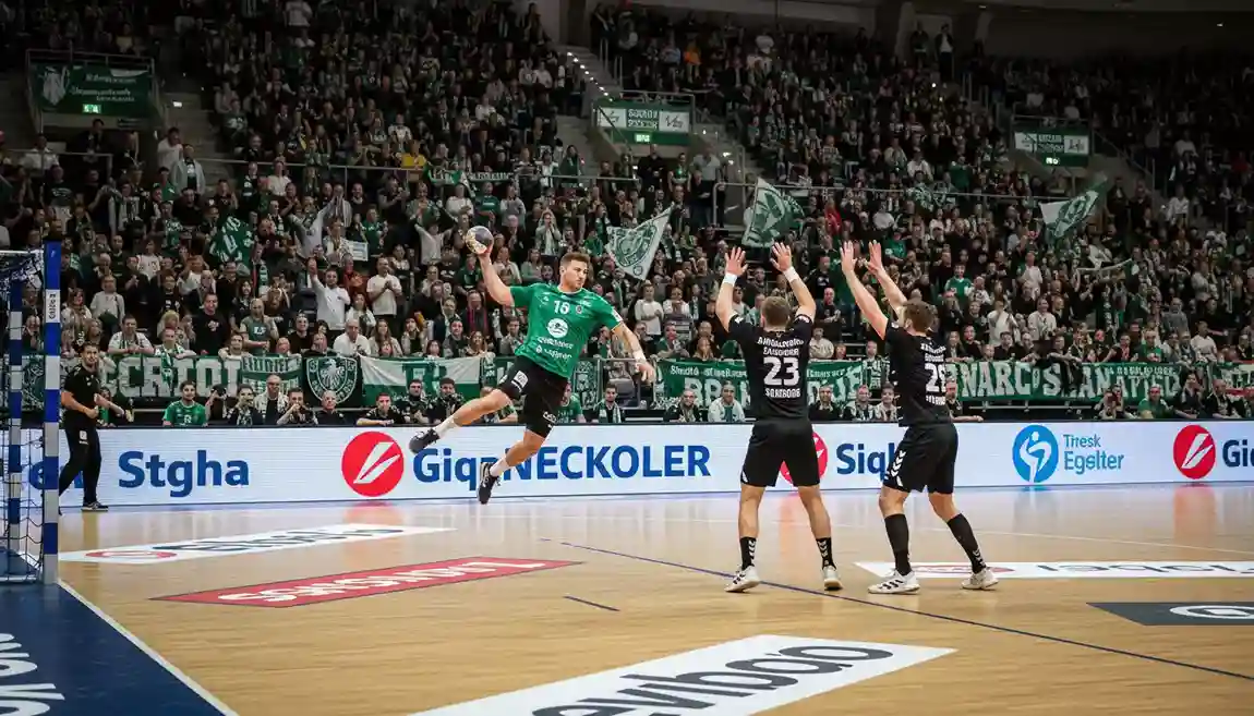 Match de Bundesliga de handball dans une grande salle allemande avec tribunes pleines
