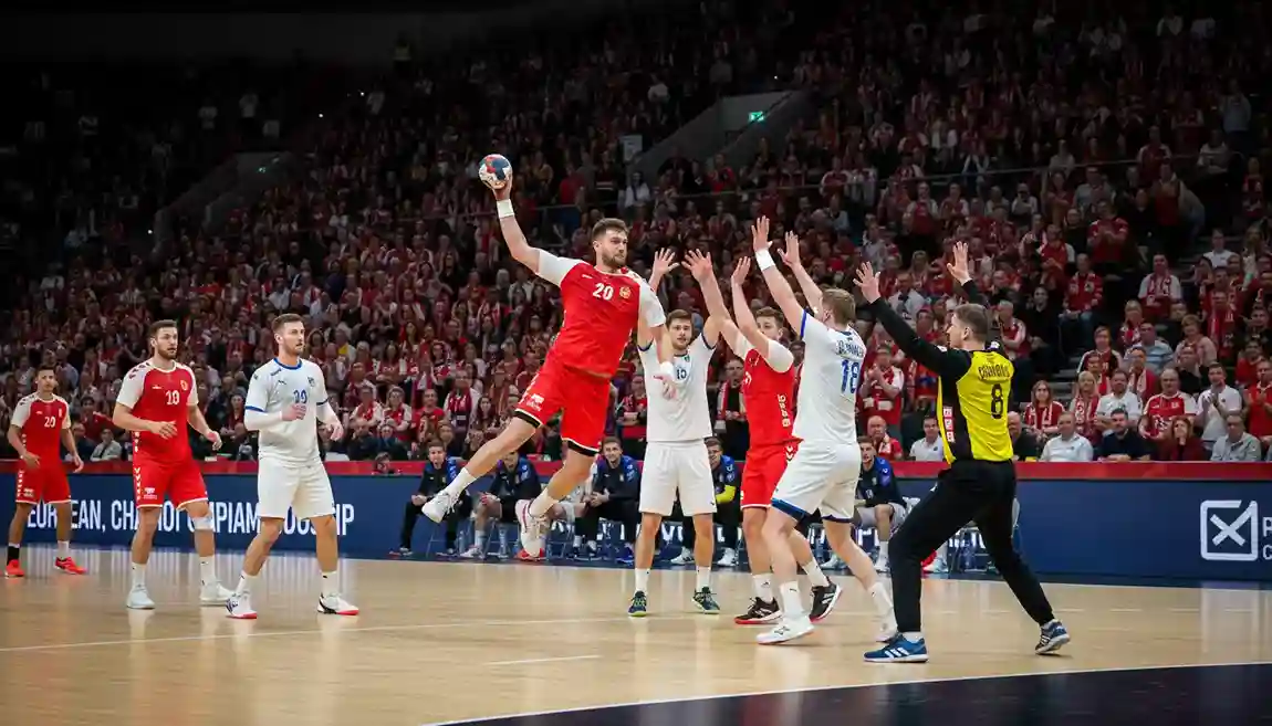 Salle comble lors d'un match du Championnat d'Europe de handball entre deux nations
