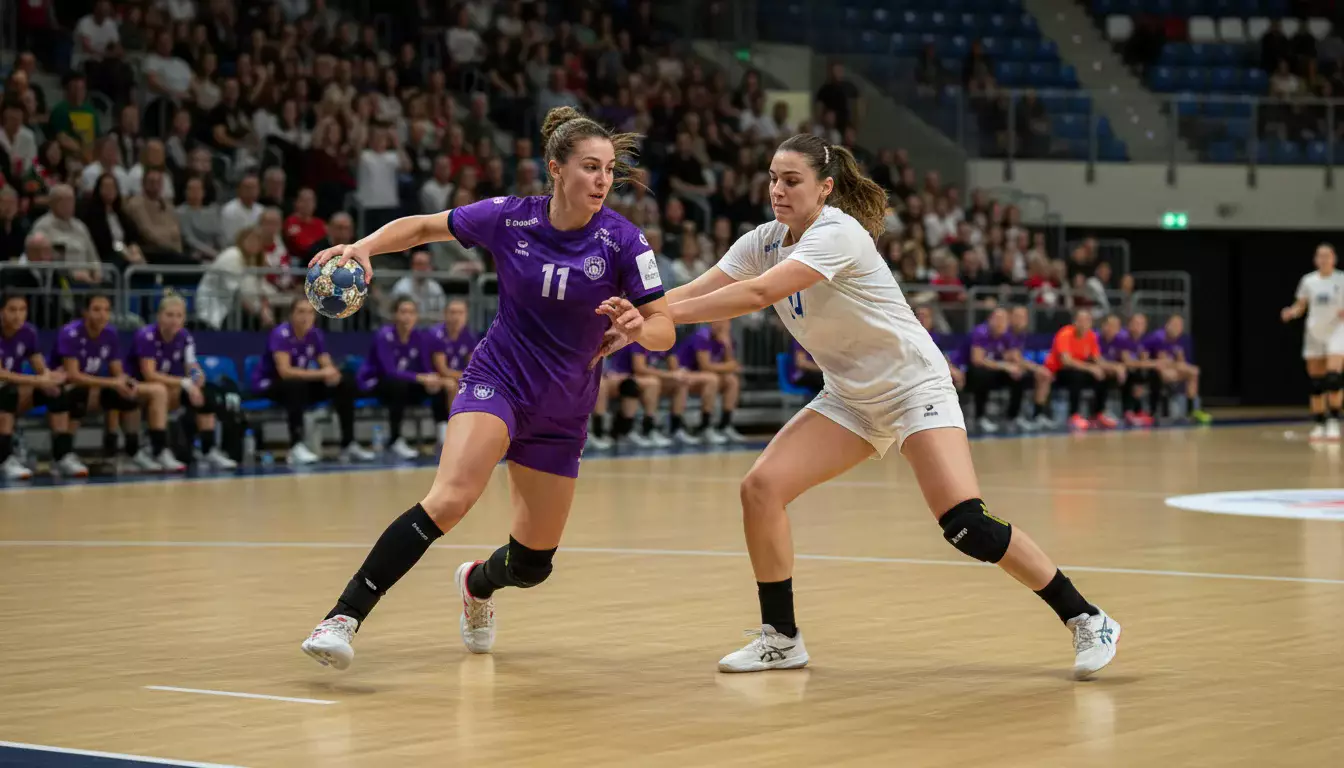 Joueuses de handball féminin en pleine action lors d'un match de championnat en salle