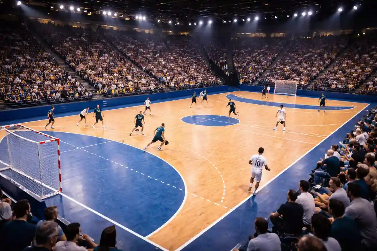 Plusieurs matchs de handball se jouant simultanément dans une salle sportive