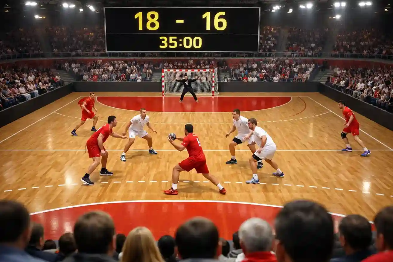 Match de handball en cours avec le score affiché sur l'écran géant de la salle