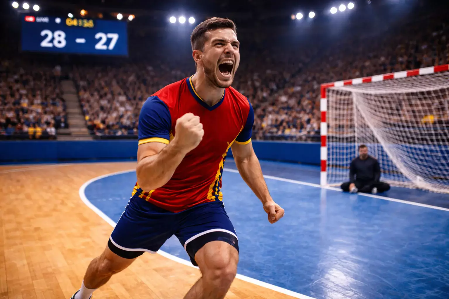 Joueur de handball célébrant une victoire serrée devant les supporters en salle