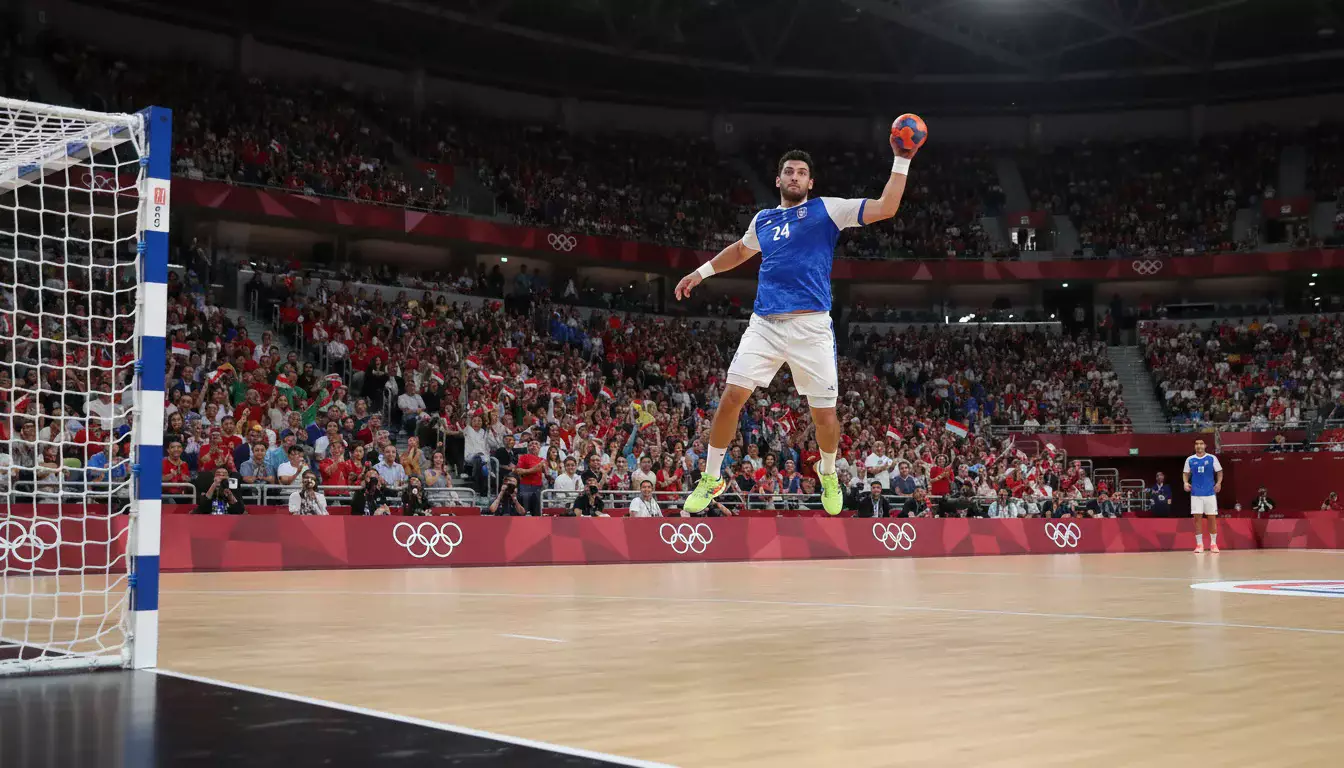 Joueurs de handball disputant un match intense lors des Jeux Olympiques dans une grande arène