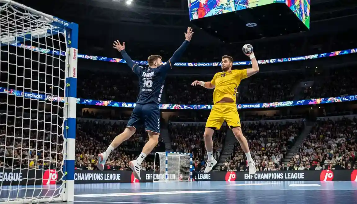 Joueurs de handball disputant un match de Ligue des Champions EHF sous les projecteurs