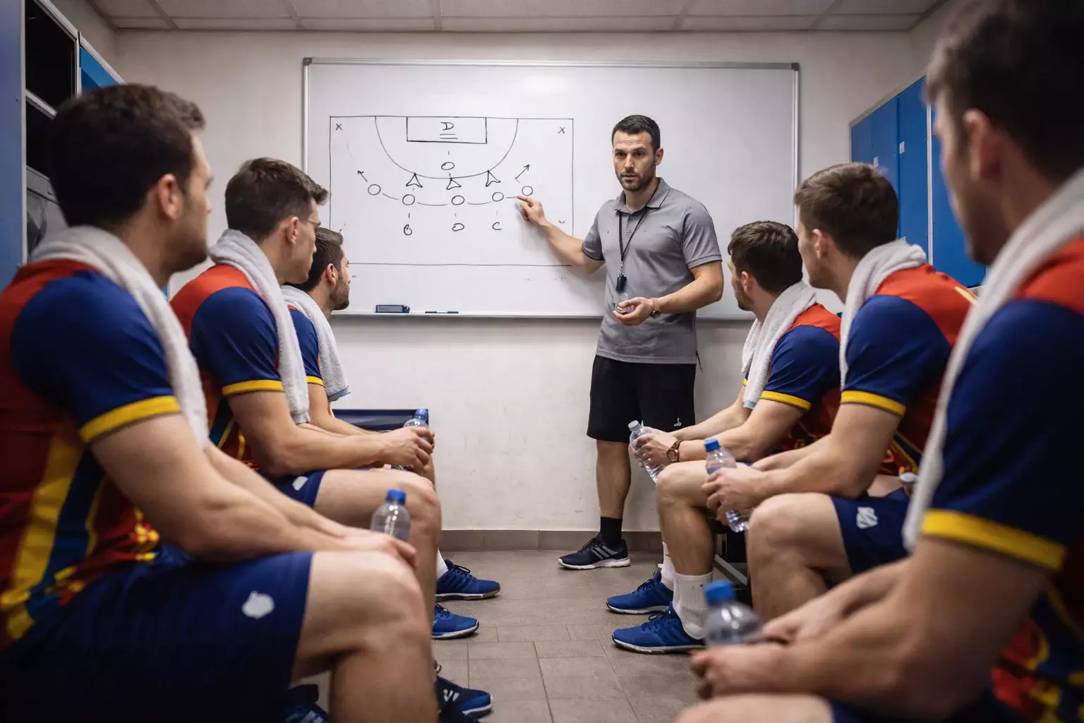 Entraîneur de handball donnant des consignes tactiques à ses joueurs pendant la mi-temps