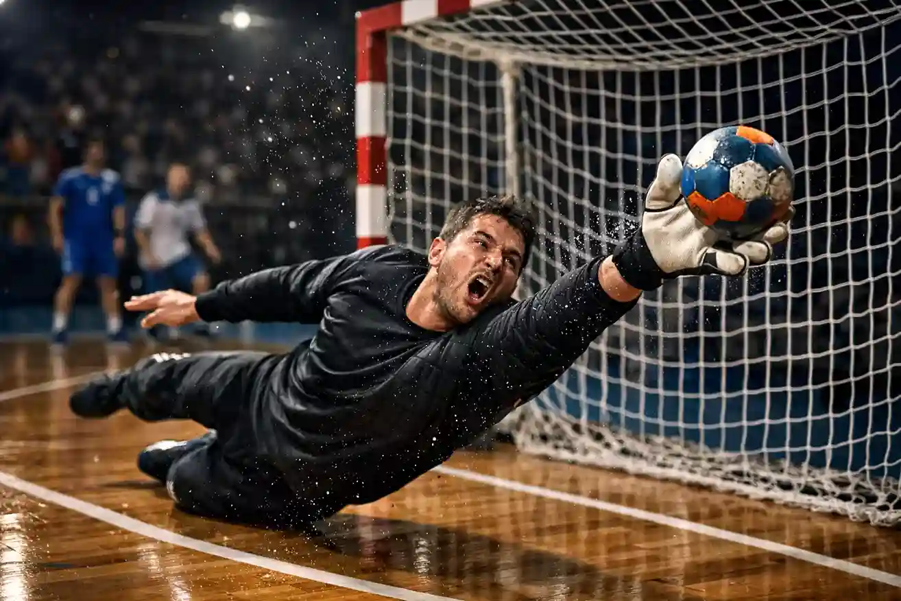 Gardien de handball plongeant pour arrêter un tir puissant en match