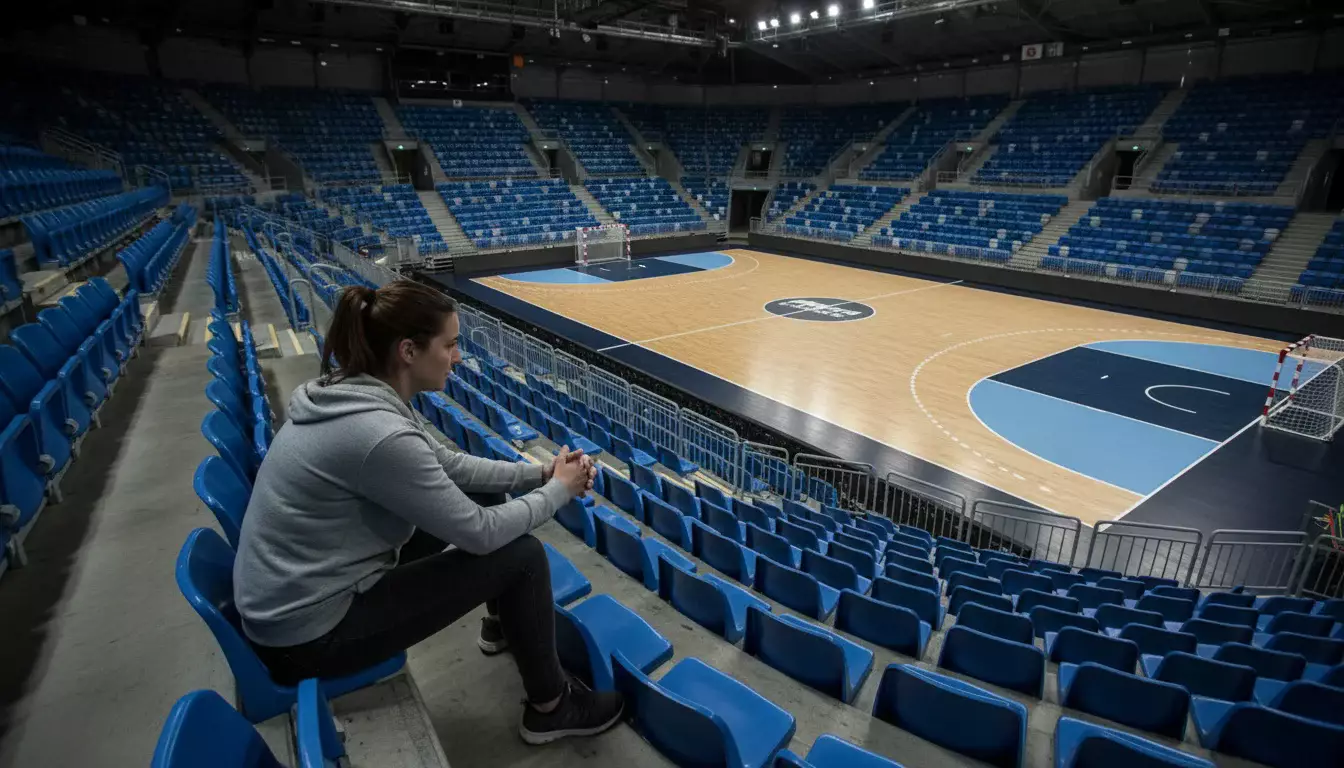 Personne assise calmement dans les gradins d'une salle de handball vide en réflexion