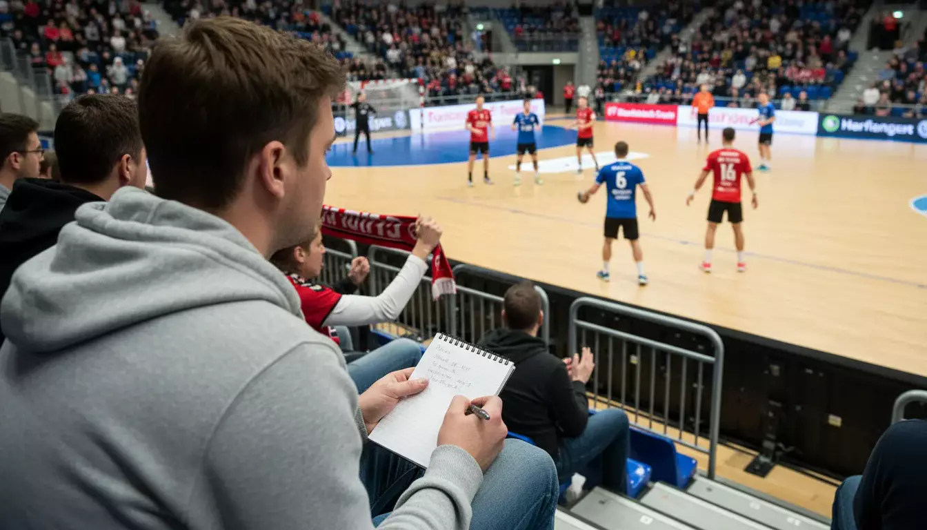 Personne concentrée regardant un match de handball en salle depuis les gradins avec un carnet