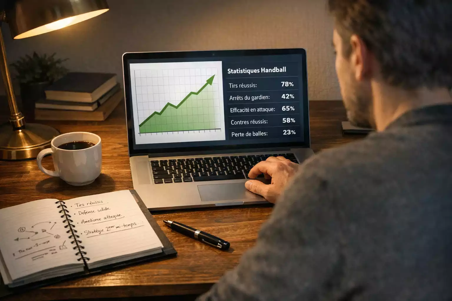 Personne analysant des statistiques de handball sur un ordinateur portable