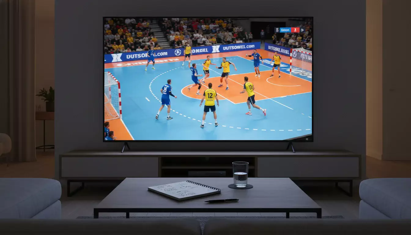 Écran diffusant un match de handball en streaming dans un salon avec carnet de notes