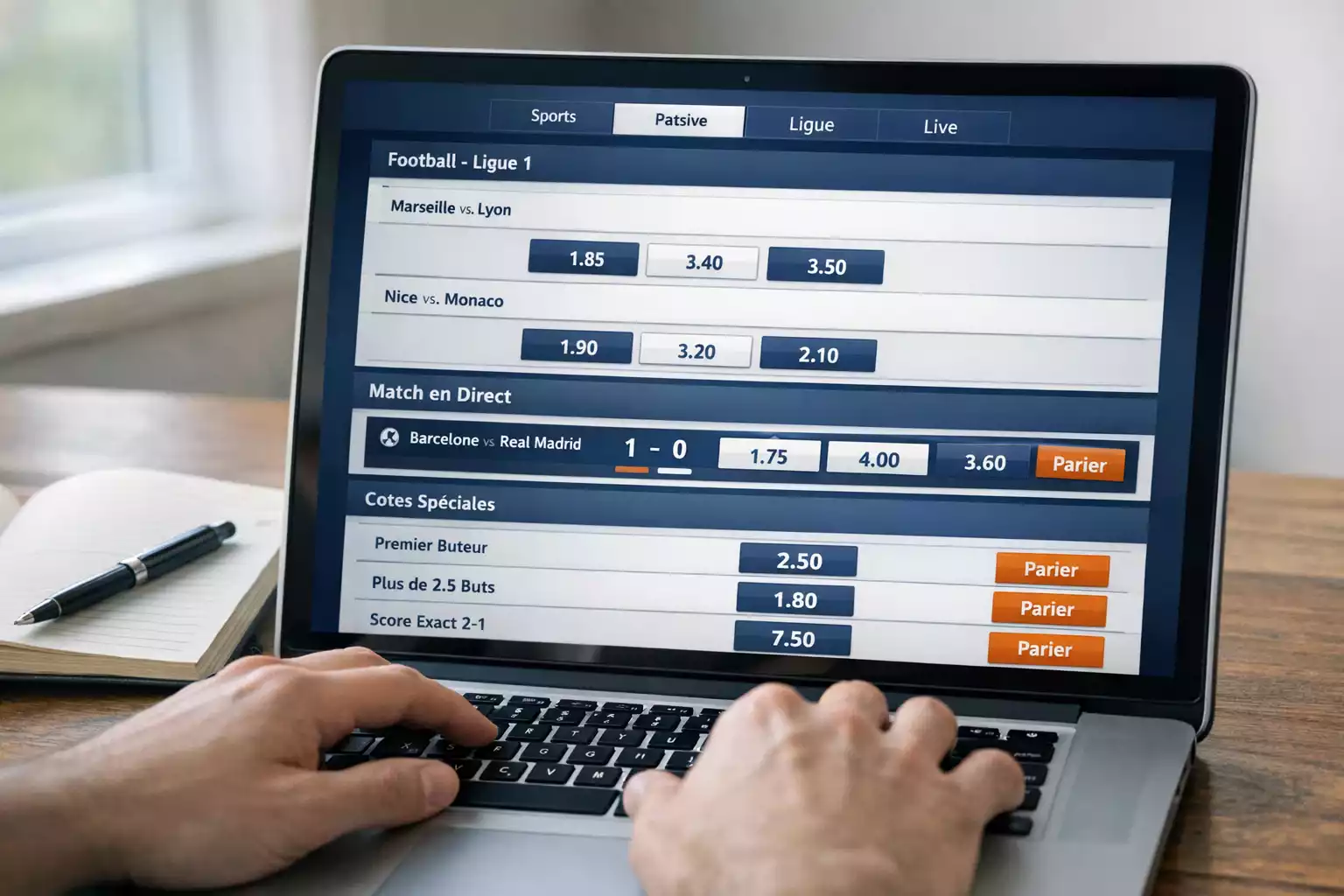 Écran affichant différentes options de paris sportifs handball