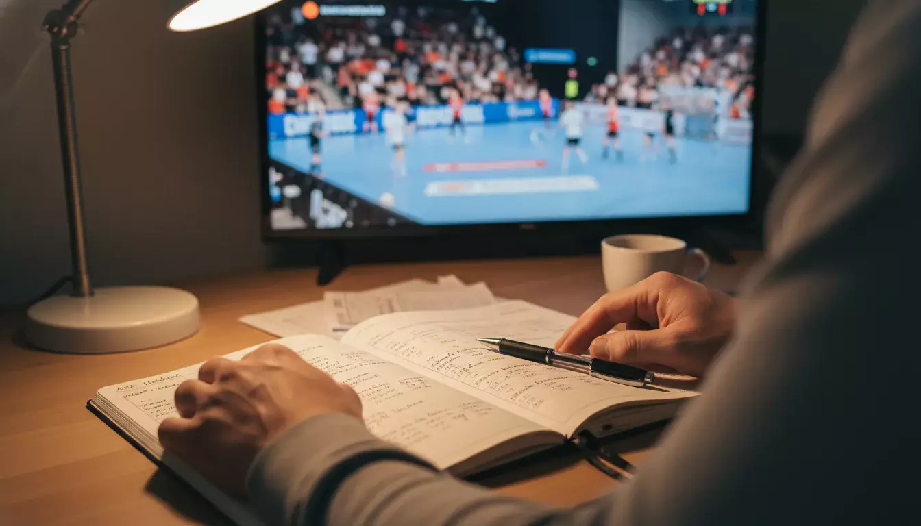 Parieur concentré analysant des statistiques de handball sur un carnet devant un écran de match